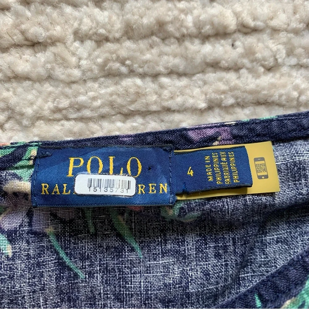 Polo Ralph Lauren Floral 100% Linen Blouson-Sleeve Blouse Navy Size 4 - Picture 4 of 5
